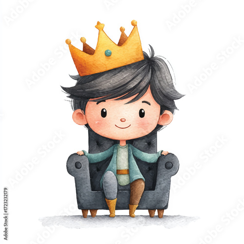 Cute cartoon king sitting on a throne with a golden crown.
