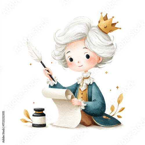 Cute cartoon prince writing with a quill and ink.