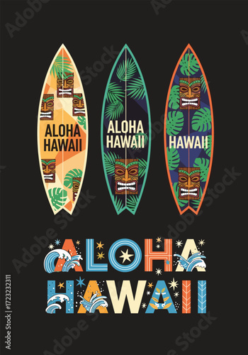 Surfboards with aloha hawaii design and matching typography.