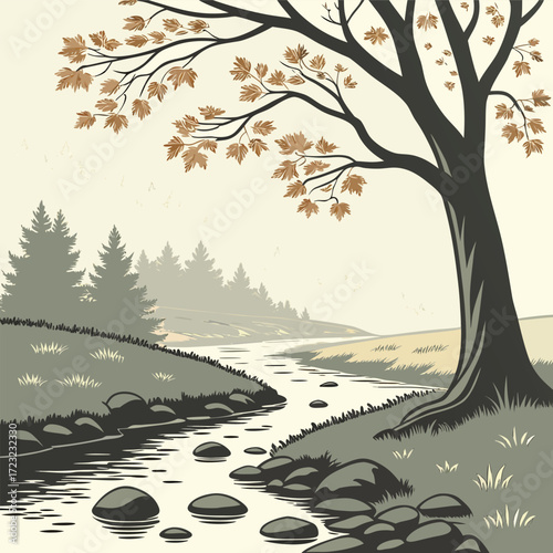 Serene natural landscape illustration featuring a tranquil stream flowing over smooth rounded stones with fallen leaves scattered along the banks evoking a peaceful and calming atmosphere