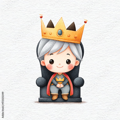 Cute Cartoon Prince with Golden Crown Sitting on a Throne.