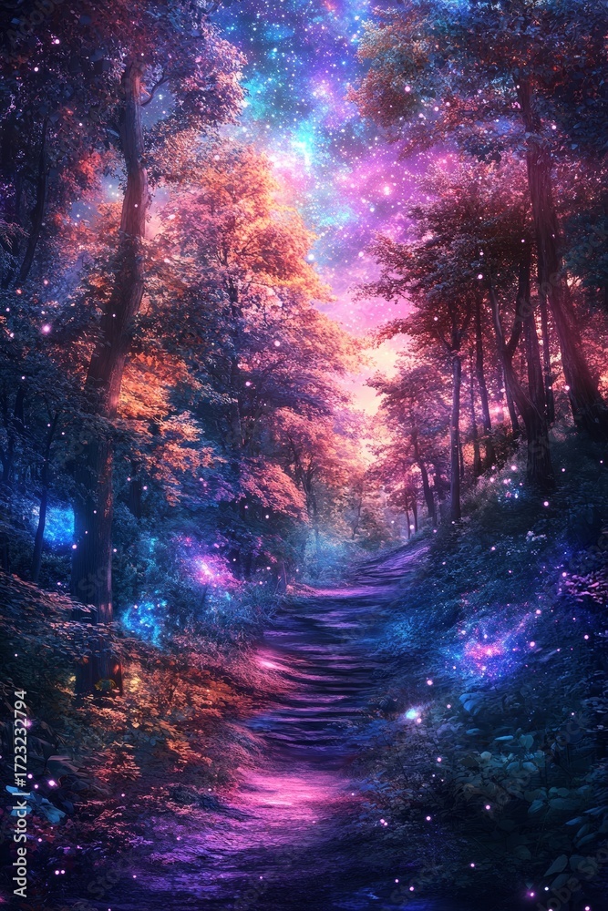 Fototapeta premium A stunning enchanted forest pathway lit by a colorful cosmic night sky. This magical scene features vibrant trees and glowing foliage, ideal for inspiring adventure.