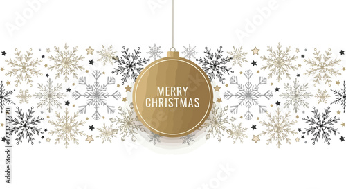 Elegant Merry Christmas gold ornament with glittering snowflakes for festive holiday greetings and winter celebrations, perfect for cards and invitations