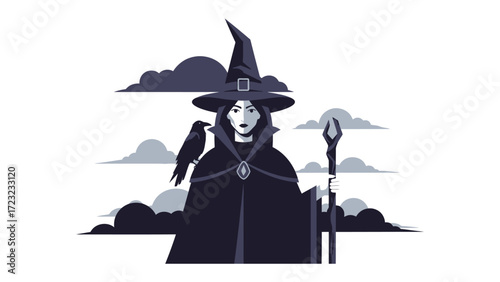 Enchanting Witch with Familiar: A stylish witch with a tall hat, accompanied by a raven, stands regally against an atmospheric sky, symbolizing power and arcane knowledge.