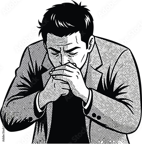 Distressed man coughing or sneezing, covering his mouth with hands in a vintage black and white illustration, depicting symptoms of illness or respiratory discomfort