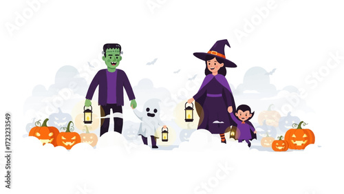 Spooky Halloween Parade: A charming family, dressed as a spooky witch, ghost, Frankenstein, and a little vampire, parades through a Halloween-themed scene.