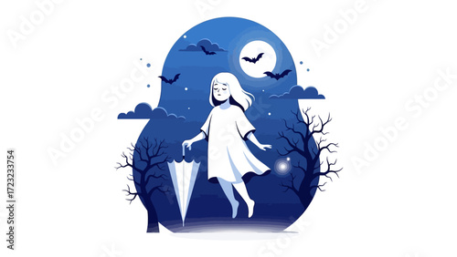 Dreamy Nocturne: A whimsical digital illustration depicts a floating figure beneath a starry sky, accompanied by bats and bare trees, evoking a sense of wonder and enchantment.