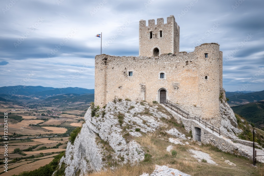 Fototapeta premium Ancient stone castle perched on a rocky outcrop, overlooking a valley