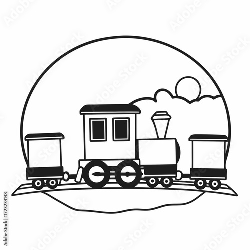 A black and white insulated toy steam locomotive with three carriages moving along rails inside a circular frame.