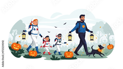Family Trick-or-Treating: A vibrant illustration captures a family costumed in space suits and superhero attire, accompanied by a loyal dog, as they embark on a Halloween trick-or-treating adventure.
