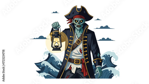 The Dread Pirate: A haunting image of a spectral pirate, illuminated by a lantern, navigates the treacherous waves, embodying both adventure and the supernatural.