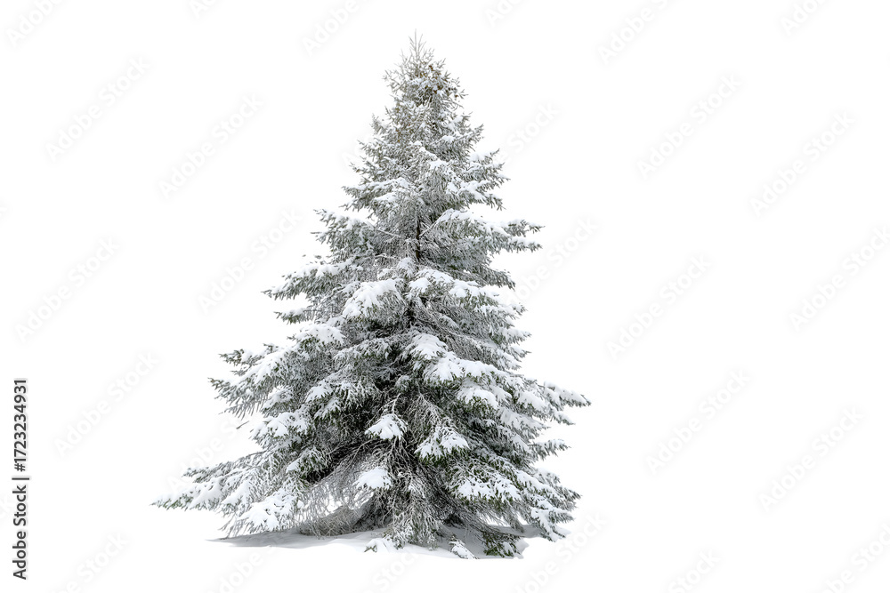 Fototapeta premium snowy pine tree in a winter scene isolated on white background