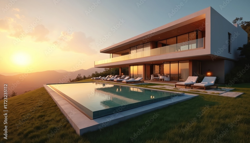Fototapeta premium Luxurious modern villa with pool view on mountain hills during sunset. Sunbeds, terrace, green grass. Contemporary architecture and idyllic landscape. Holiday destination for real estate business.