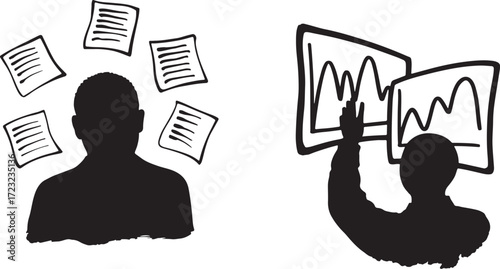 Silhouette of person overwhelmed by documents and another person analyzing charts