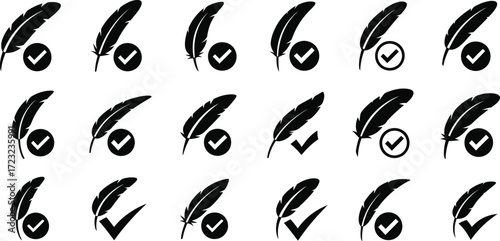 Collection of quill pen icons with check marks, symbolizing approval or correctness.