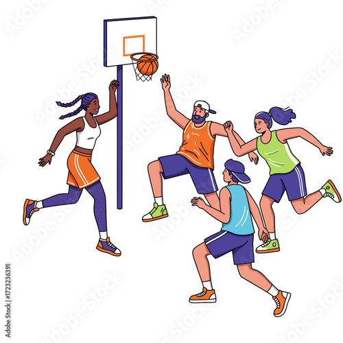 Diverse Group of Friends Enjoying a Lively Game of Basketball on the Court, Highlighting Teamwork and Friendship in Sports Activity