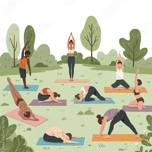 An inclusive outdoor yoga class featuring a diverse group of men and women performing different postures in a lush green park, embracing fitness and mindful movement for holistic well-being