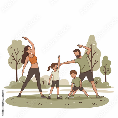 Dynamic illustration of a diverse group performing an energetic fitness dance routine, showcasing synchronized movement, healthy lifestyle, and colorful retro activewear
