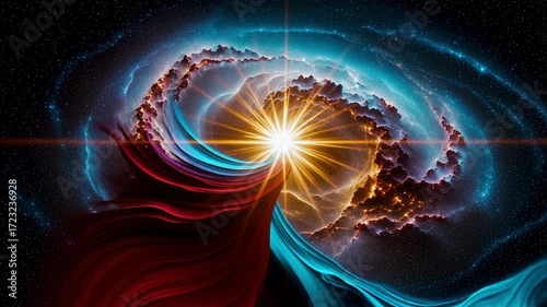 Dynamic vortex of vibrant energy swirls into cosmic nebula, showcasing a stellar explosion of light and color, perfect for science or abstract concepts. Ai generative video