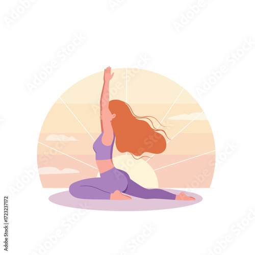 Woman practicing yoga in a tranquil setting, with a serene sunrise in the background and a gentle pastel color palette, promoting wellness and mindfulness