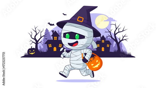 Halloween Mummy's Night Out: An adorable mummy character, decked in a witch hat and clutching a jack-o'-lantern bag, dashes through a spooky town scene under the moonlight.