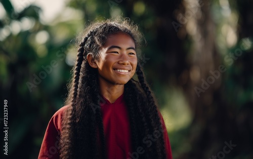 A serene Polynesian woman in traditional attire, wearing a flower lei amidst lush green jungle foliage.