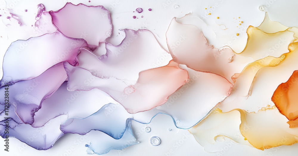 Obraz premium Ethereal watercolor abstract art featuring flowing shapes in purple, pink, orange, and blue hues, creating serene and captivating atmosphere