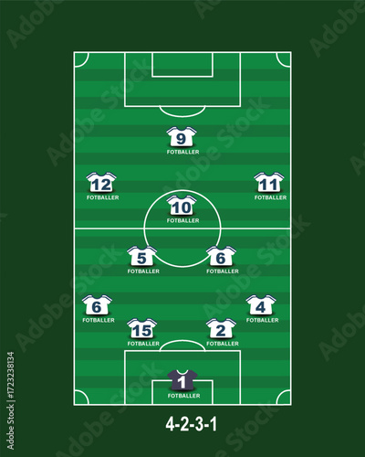 football field with 11 shirt with numbers. Tactical board football. Football team formation