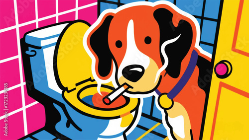 Smoking Dog On Toilet Illustrator Artwork Banner Background Design Template 