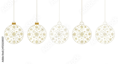 Elegant golden Christmas baubles adorned with delicate snowflakes and stars, perfect for festive holiday designs and winter celebrations
