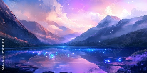 A beautiful mountain landscape with a lake in the foreground