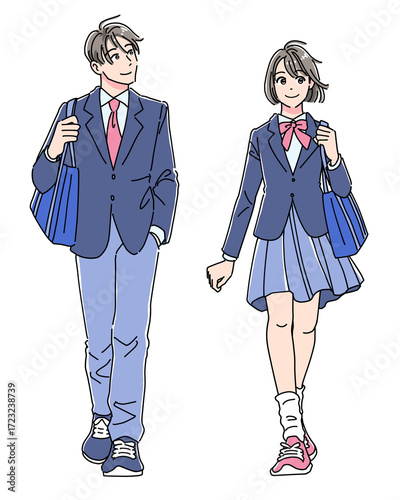 歩く制服姿の男女