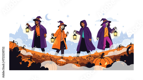 Enchanting Halloween Night: A group of cloaked figures, each carrying a lantern, stroll through a whimsical pumpkin patch under a star-filled sky, creating an air of mystery and seasonal joy.