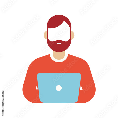 Flat design man with red beard working on a blue laptop computer