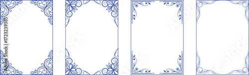 Elegant decorative border frame set with floral and vintage corner designs in blue outline. Perfect for invitations, certificates, greeting cards, posters, and decorative templates.