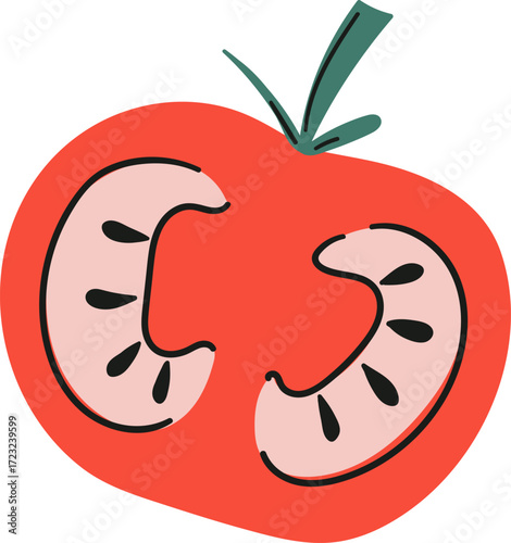 A stylized illustration of a halved tomato