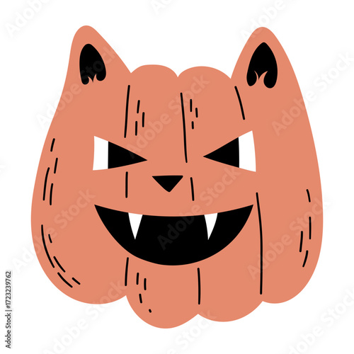 A stylized anthropomorphic pumpkin with cat ears and sharp teeth