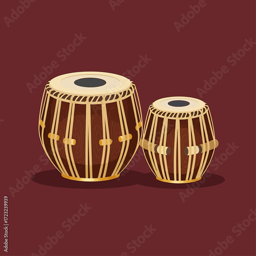 Illustration of a pair of brown and gold tabla drums, a traditional Indian percussion instrument, against a dark red background.