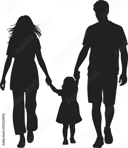Family silhouette icon, parent and child illustration, black design graphic, guardianship symbol vector, care and protection elements, togetherness concept art, walking figures