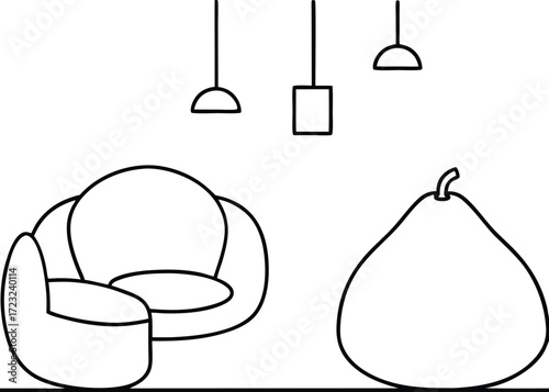 minimalist coworking lounge with beanbags line art illustration on transparent