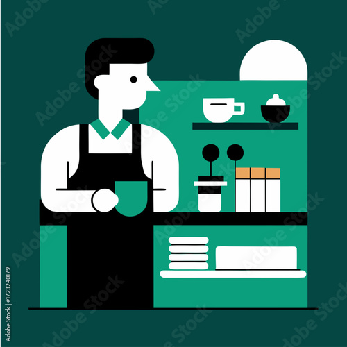 Barista holding coffee cup behind counter with shelves of supplies