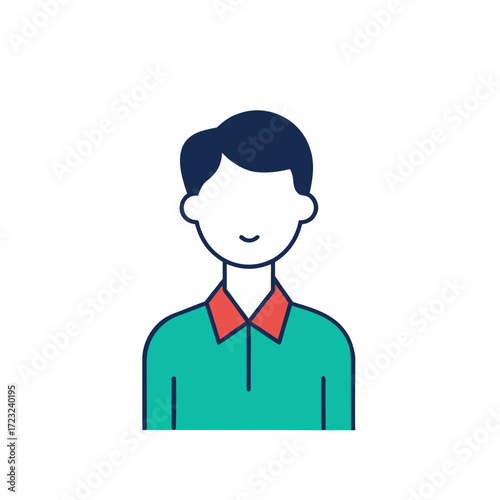 Stylized flat icon of a smiling person with dark hair