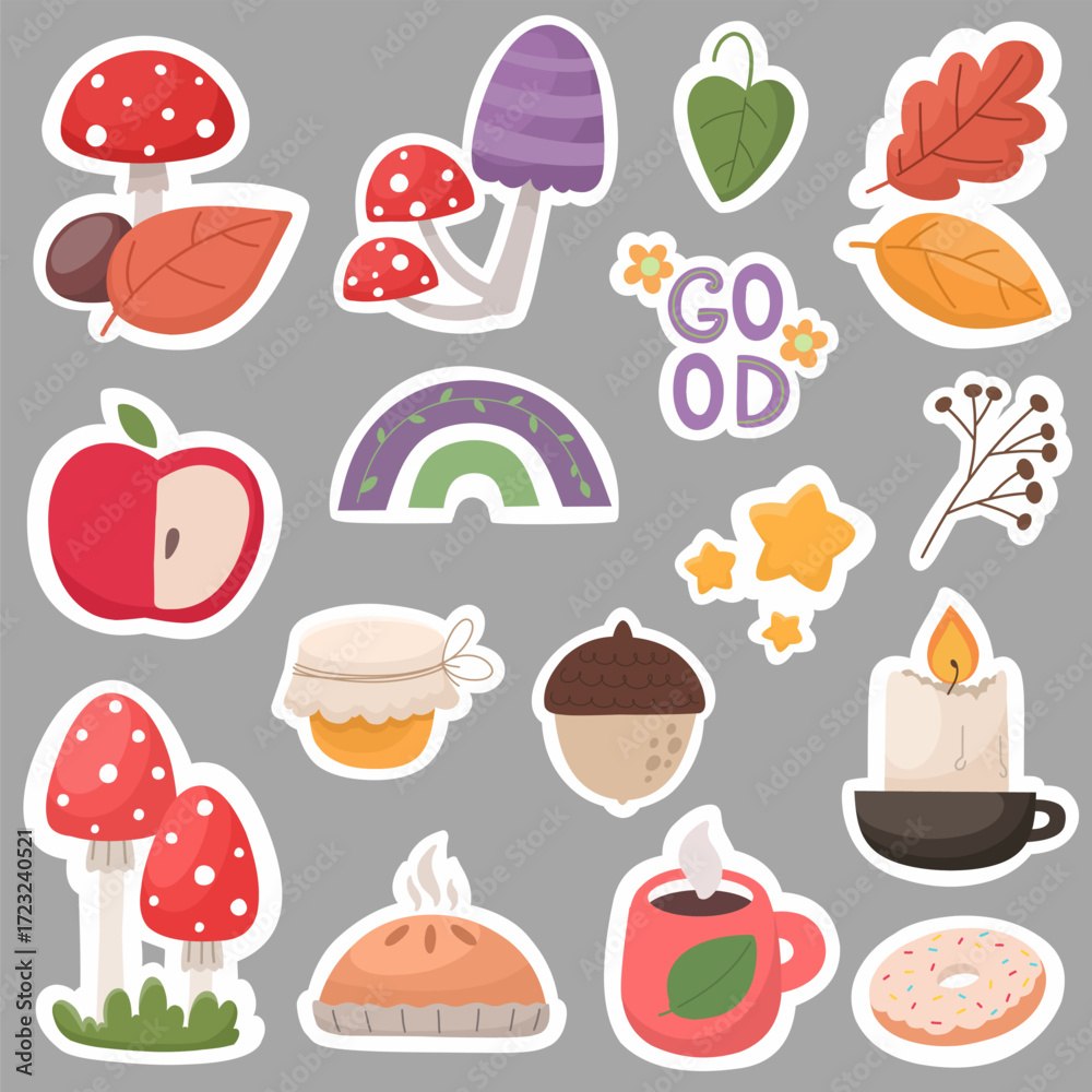 Fototapeta premium Autumn sticker set with leaves, mushrooms, and a cozy vibe. Flat style illustration.