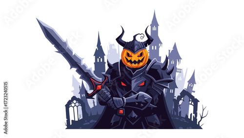 Halloween Warrior: A formidable warrior with a pumpkin head, stands menacingly, sword drawn against a gothic castle backdrop, ready to defend the night in a fantastical depiction. 