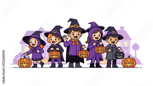 Spirited Halloween Trick-or-Treaters: A cheerful group of children, dressed in enchanting costumes, gathers excitedly on Halloween night, carrying carved pumpkin lanterns under a mystical moonlit sky.
