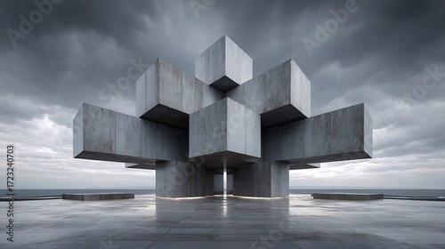 Futuristic brutalist structure under a dramatic sky