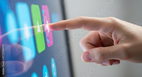 Person's finger actively interacts with colorful touchscreen interface selecting a vibrant app icon for modern digital engagement