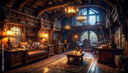 A large, dimly lit, wooden library