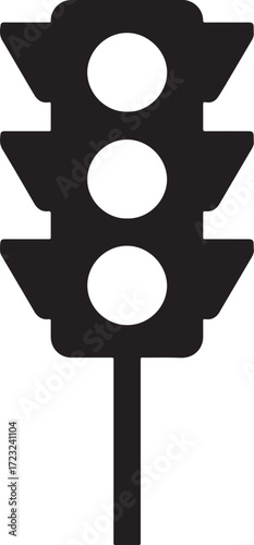 Simple black silhouette of a traffic light with three illuminated circles on a pole
