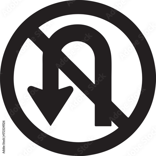 Black silhouette of a no u turn traffic sign with a red circle and diagonal line